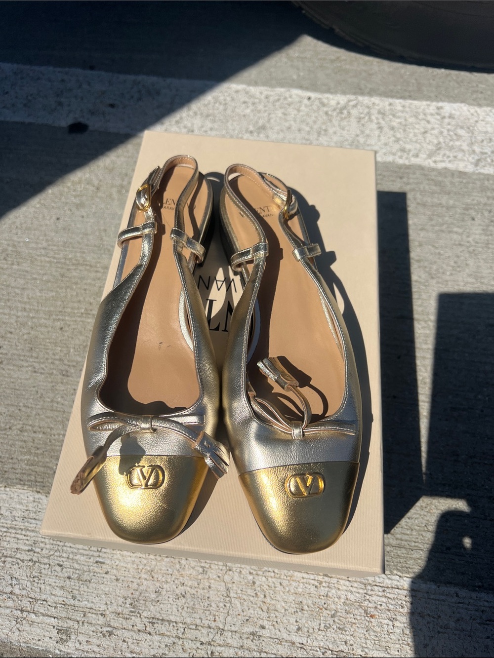 Valentino Garavani Metallic Gold Slingback Ballet Flats with Logo Cap